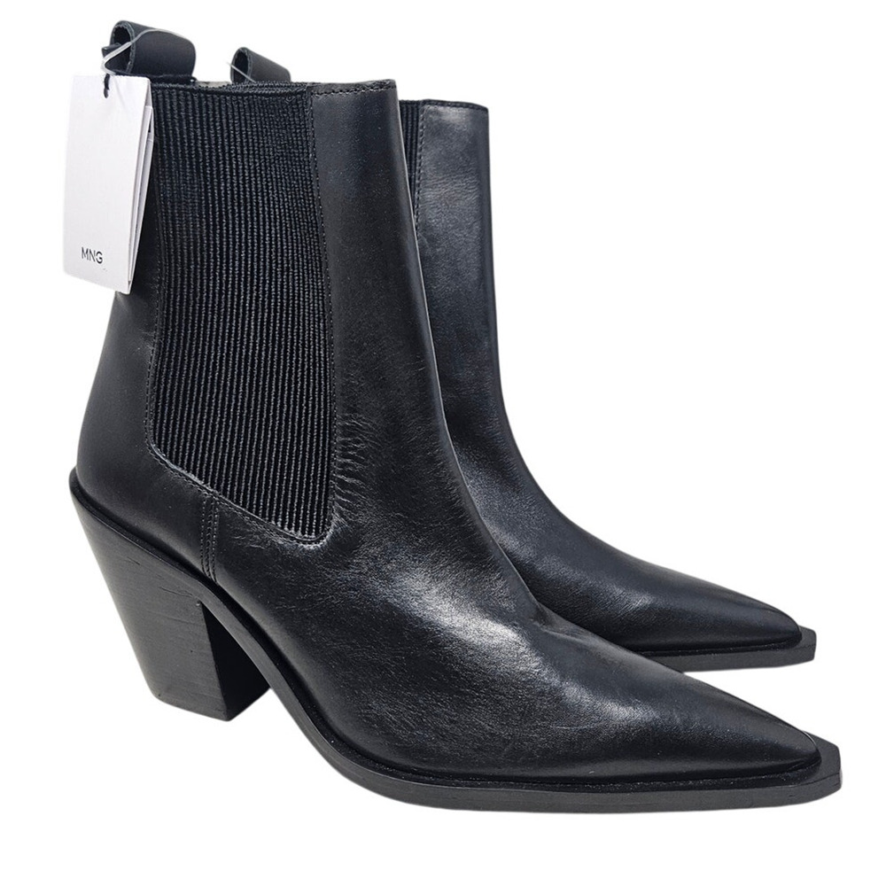 NEW Mango MNG 38 Black Leather Western Chelsea Boot Dagger Toe Goth Minimalist